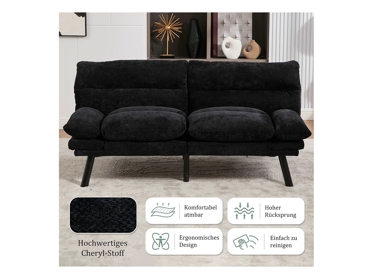 Canapé convertible 2 places - 165 x 90 x 76 cm - avec dossier et accoudoirs réglables - Microfibre - noir