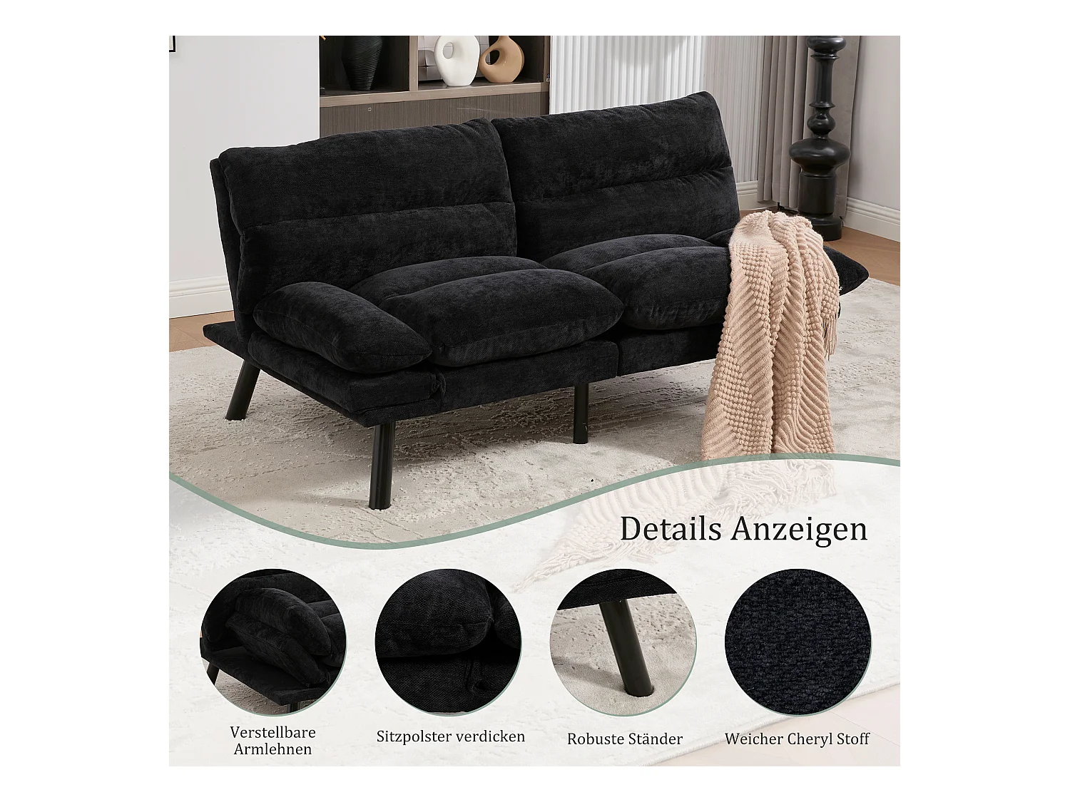 Canapé convertible 2 places - 165 x 90 x 76 cm - avec dossier et accoudoirs réglables - Microfibre - noir