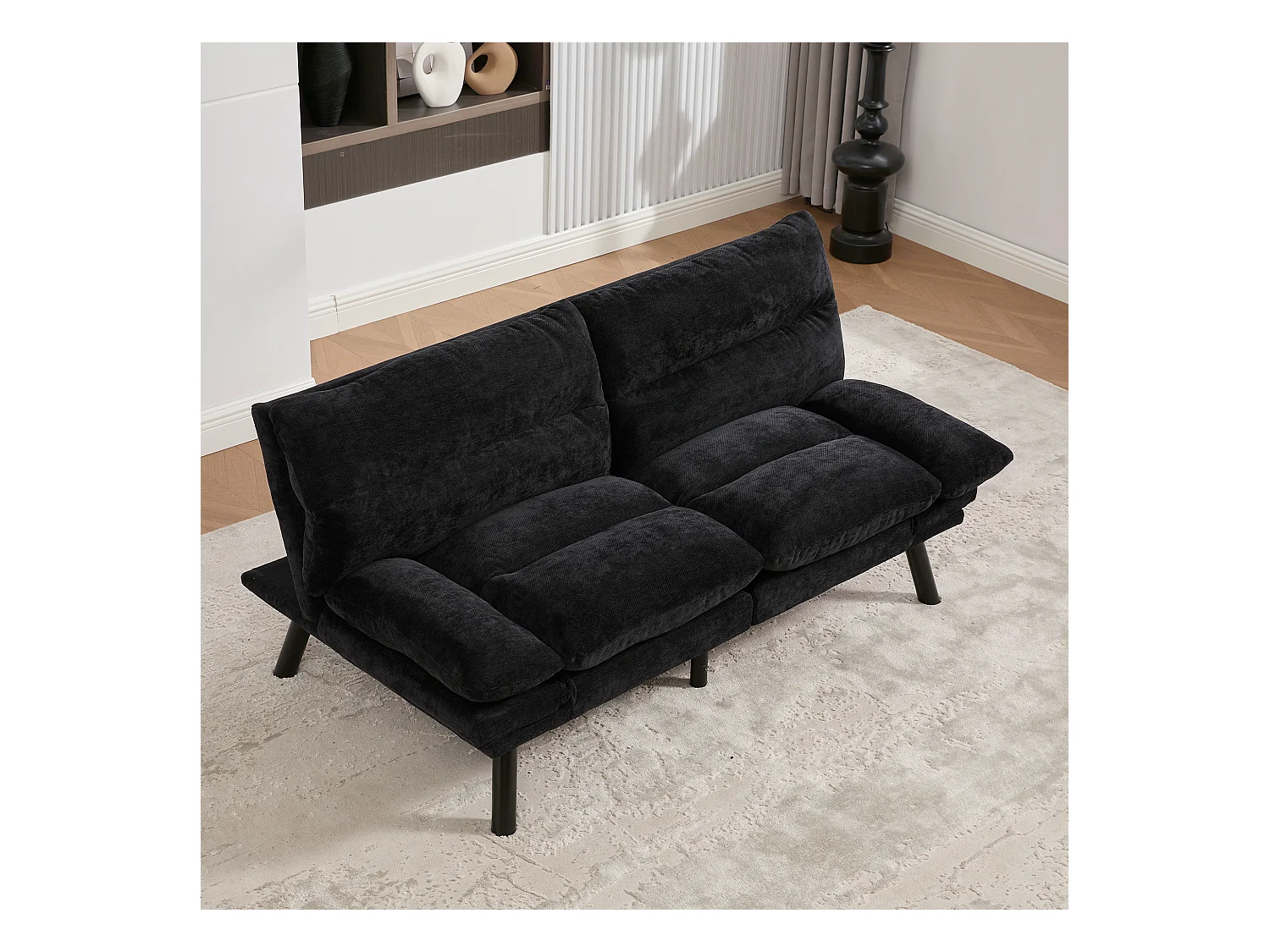 Canapé convertible 2 places - 165 x 90 x 76 cm - avec dossier et accoudoirs réglables - Microfibre - noir