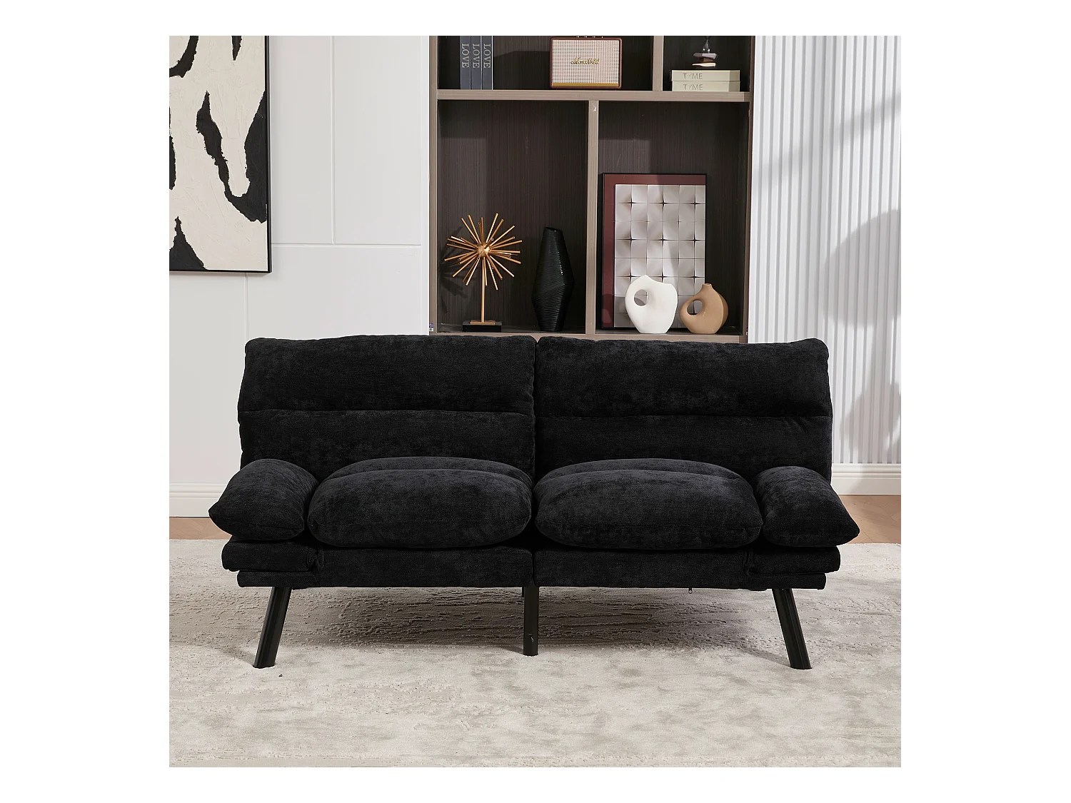 Canapé convertible 2 places - 165 x 90 x 76 cm - avec dossier et accoudoirs réglables - Microfibre - noir