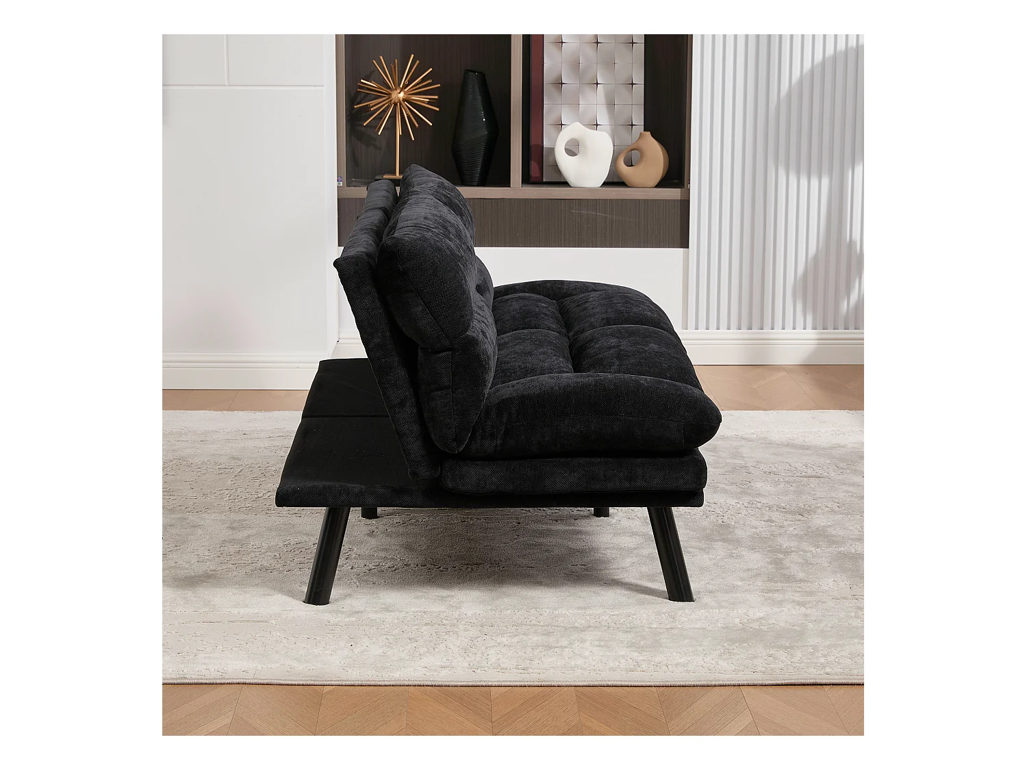 Canapé convertible 2 places - 165 x 90 x 76 cm - avec dossier et accoudoirs réglables - Microfibre - noir