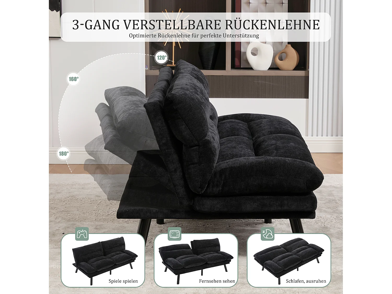 2-Sitzer-Schlafsofa – 165 x 90 x 76 cm – mit verstellbarer Rückenlehne und Armlehnen – Mikrofaser – schwarz