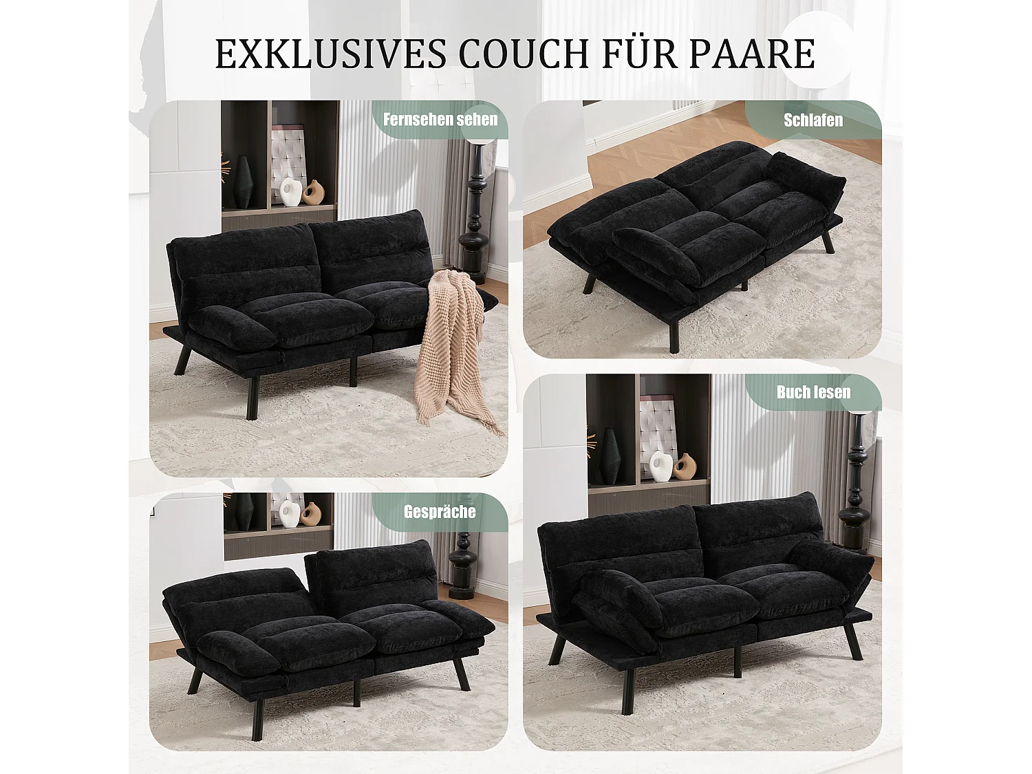 2-Sitzer-Schlafsofa – 165 x 90 x 76 cm – mit verstellbarer Rückenlehne und Armlehnen – Mikrofaser – schwarz