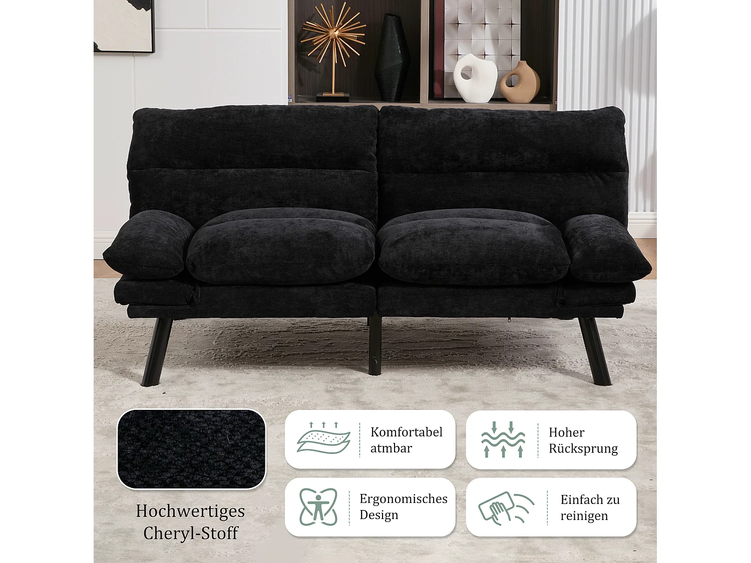 2-Sitzer-Schlafsofa – 165 x 90 x 76 cm – mit verstellbarer Rückenlehne und Armlehnen – Mikrofaser – schwarz