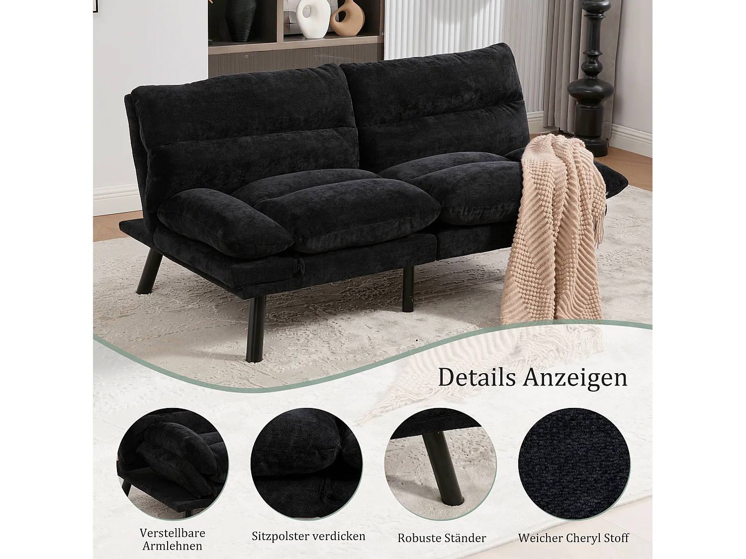 2-Sitzer-Schlafsofa – 165 x 90 x 76 cm – mit verstellbarer Rückenlehne und Armlehnen – Mikrofaser – schwarz