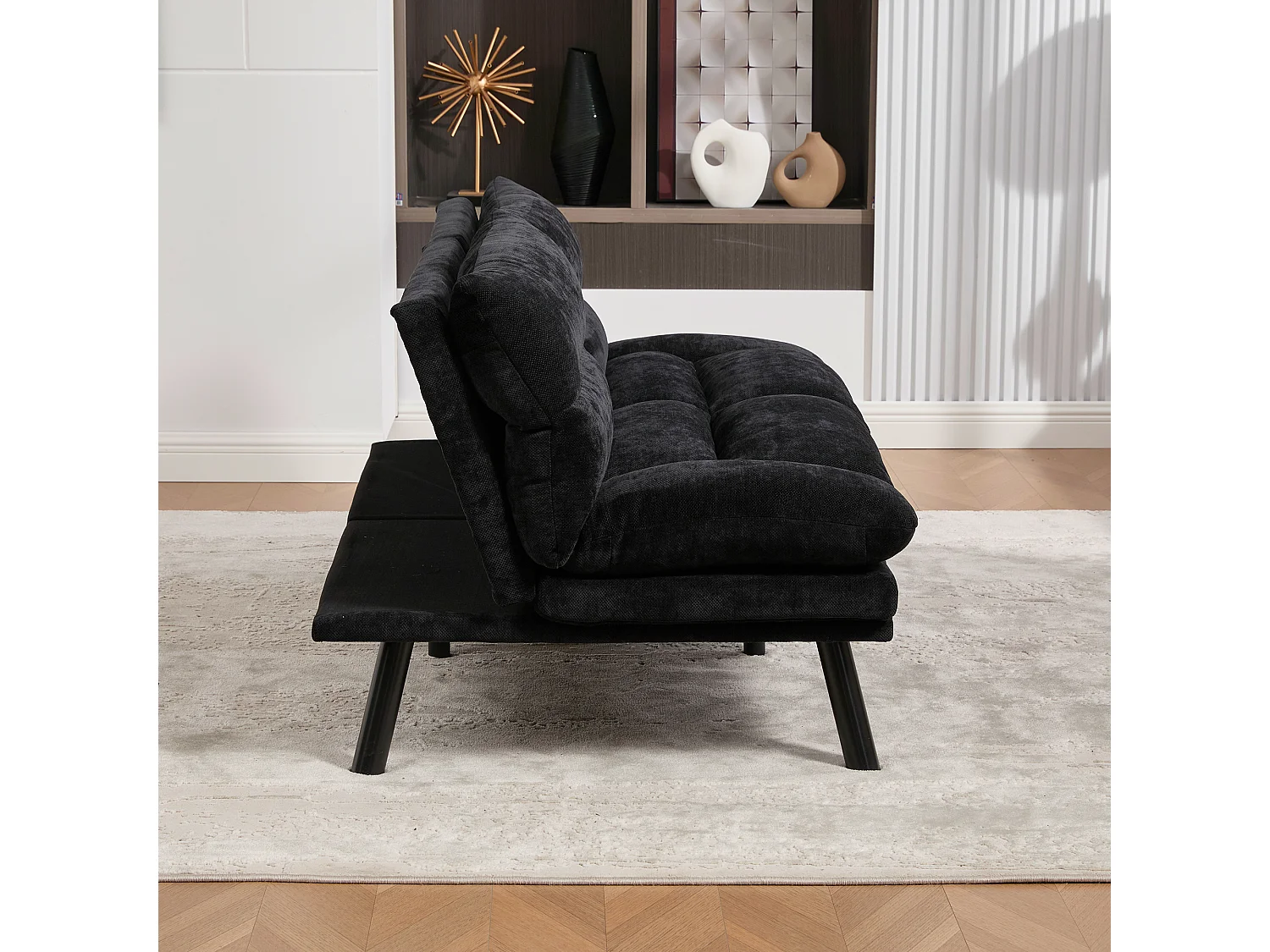 2-Sitzer-Schlafsofa – 165 x 90 x 76 cm – mit verstellbarer Rückenlehne und Armlehnen – Mikrofaser – schwarz