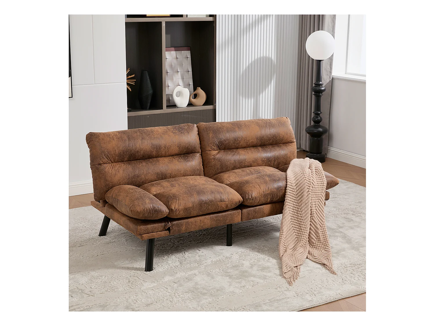 Canapé convertible 2 places - 165 x 90 x 76 cm - avec dossier et accoudoirs réglables - Microfibre - marron