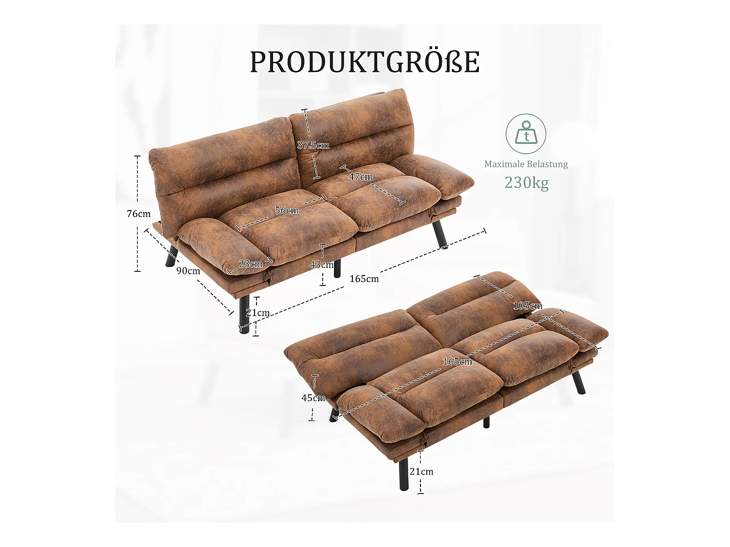 Canapé convertible 2 places - 165 x 90 x 76 cm - avec dossier et accoudoirs réglables - Microfibre - marron