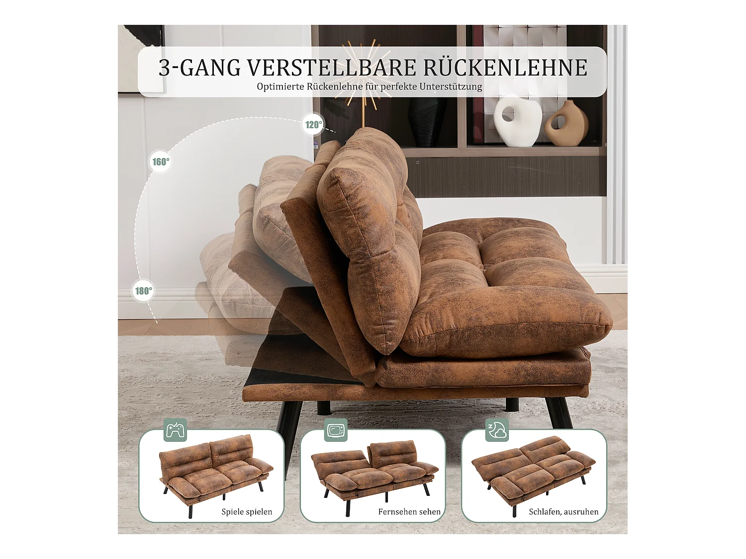 Canapé convertible 2 places - 165 x 90 x 76 cm - avec dossier et accoudoirs réglables - Microfibre - marron