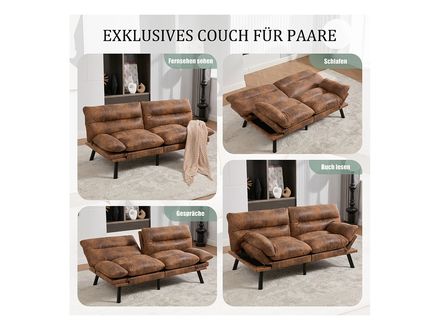 Canapé convertible 2 places - 165 x 90 x 76 cm - avec dossier et accoudoirs réglables - Microfibre - marron