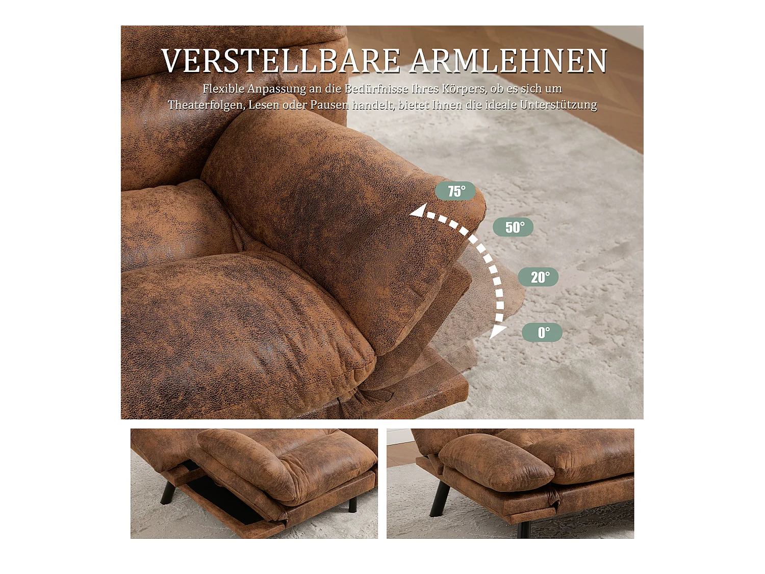 Canapé convertible 2 places - 165 x 90 x 76 cm - avec dossier et accoudoirs réglables - Microfibre - marron