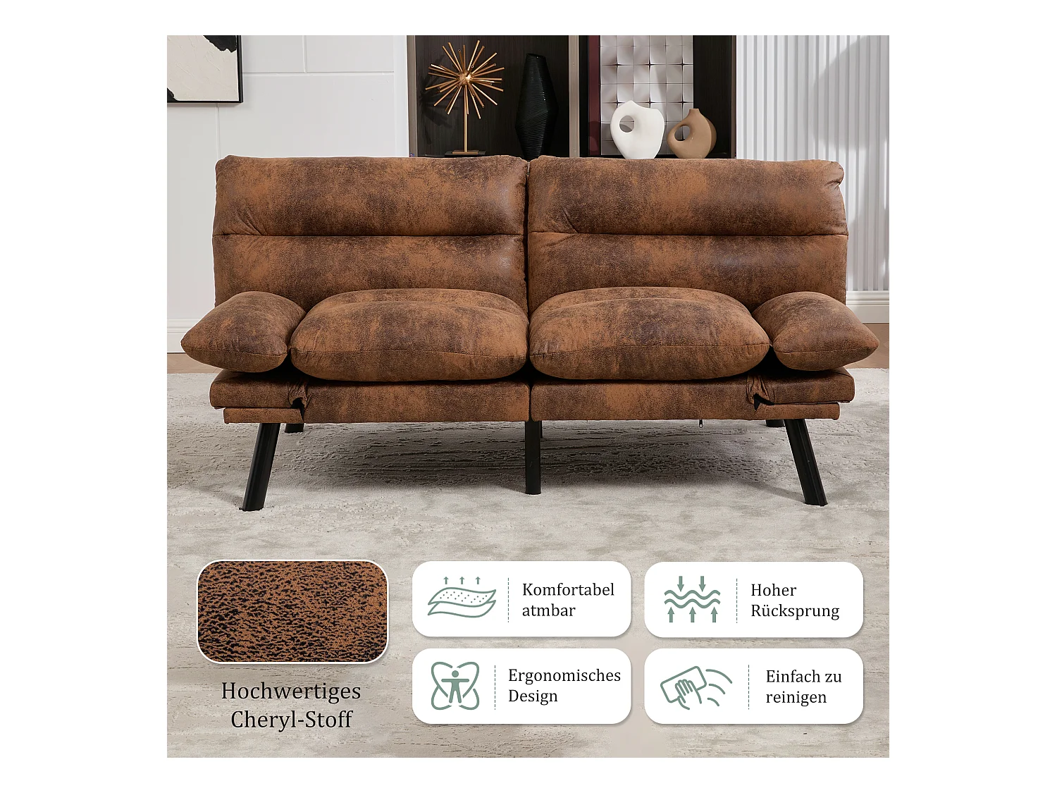 Canapé convertible 2 places - 165 x 90 x 76 cm - avec dossier et accoudoirs réglables - Microfibre - marron