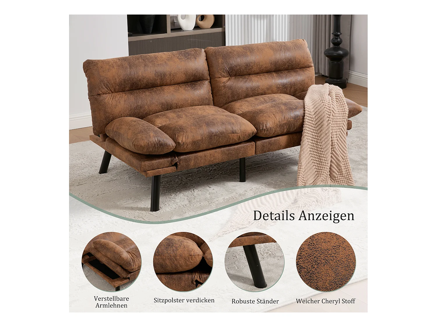 Canapé convertible 2 places - 165 x 90 x 76 cm - avec dossier et accoudoirs réglables - Microfibre - marron