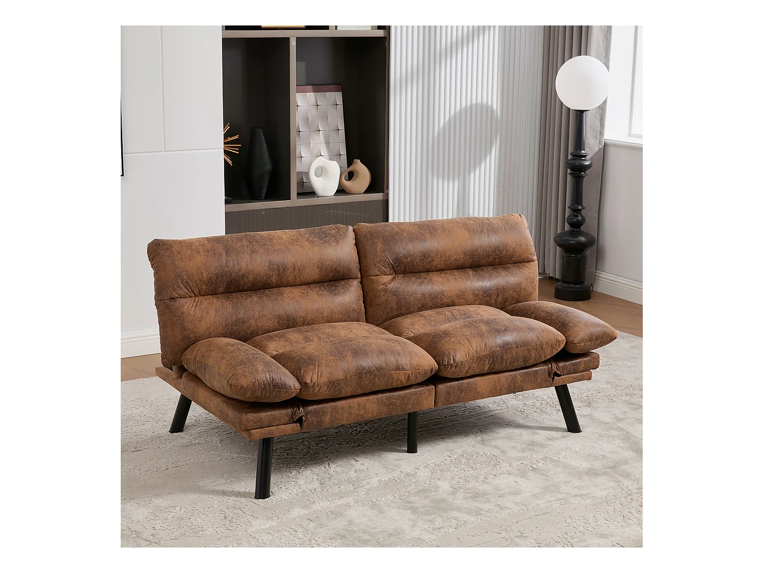 Canapé convertible 2 places - 165 x 90 x 76 cm - avec dossier et accoudoirs réglables - Microfibre - marron