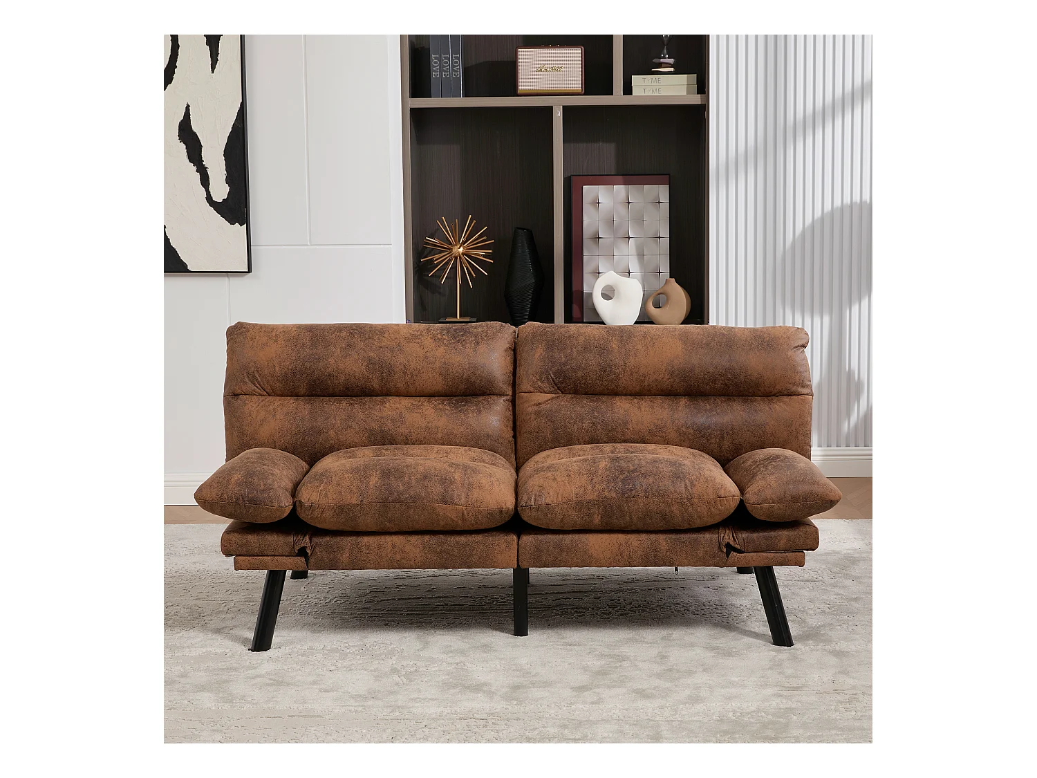 Canapé convertible 2 places - 165 x 90 x 76 cm - avec dossier et accoudoirs réglables - Microfibre - marron