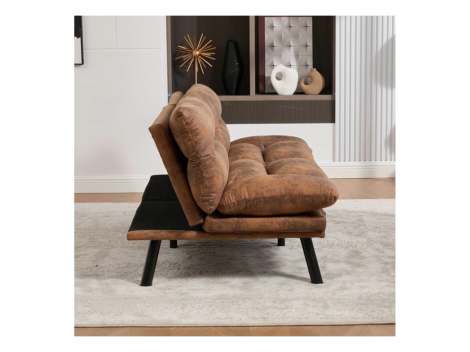 Canapé convertible 2 places - 165 x 90 x 76 cm - avec dossier et accoudoirs réglables - Microfibre - marron