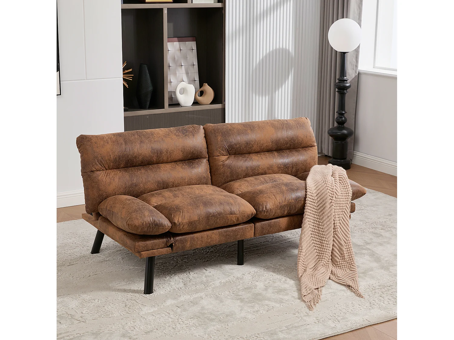 2-zits slaapbank - 165 x 90 x 76 cm - met verstelbare rugleuning en armleuningen - Microvezel - bruin