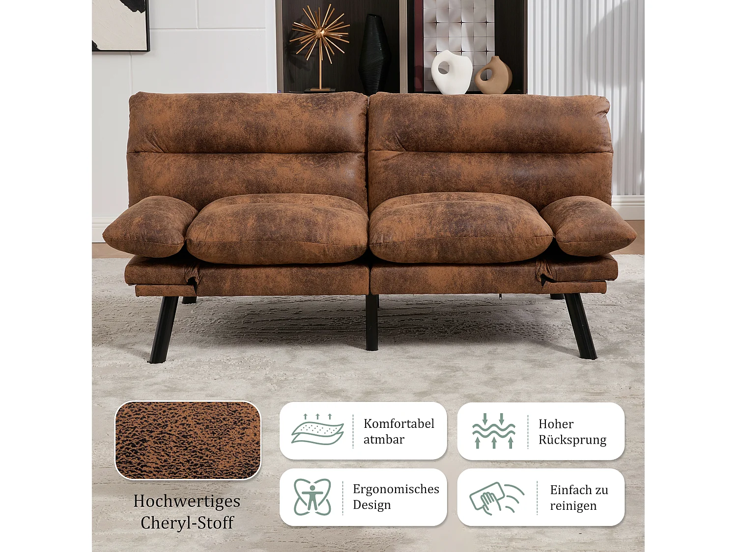 2-zits slaapbank - 165 x 90 x 76 cm - met verstelbare rugleuning en armleuningen - Microvezel - bruin