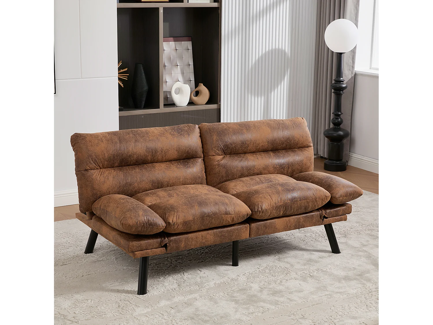 2-zits slaapbank - 165 x 90 x 76 cm - met verstelbare rugleuning en armleuningen - Microvezel - bruin