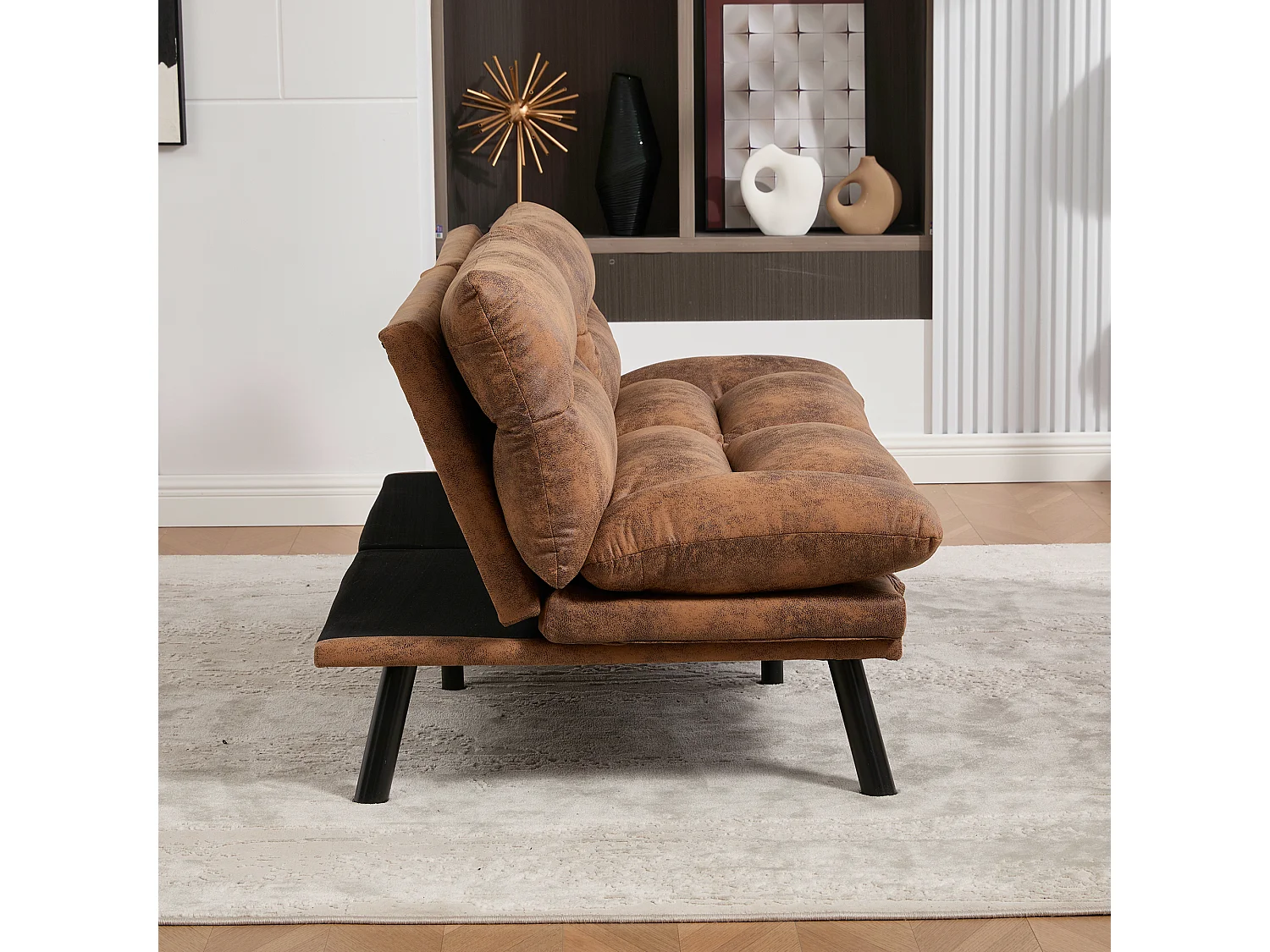 2-zits slaapbank - 165 x 90 x 76 cm - met verstelbare rugleuning en armleuningen - Microvezel - bruin