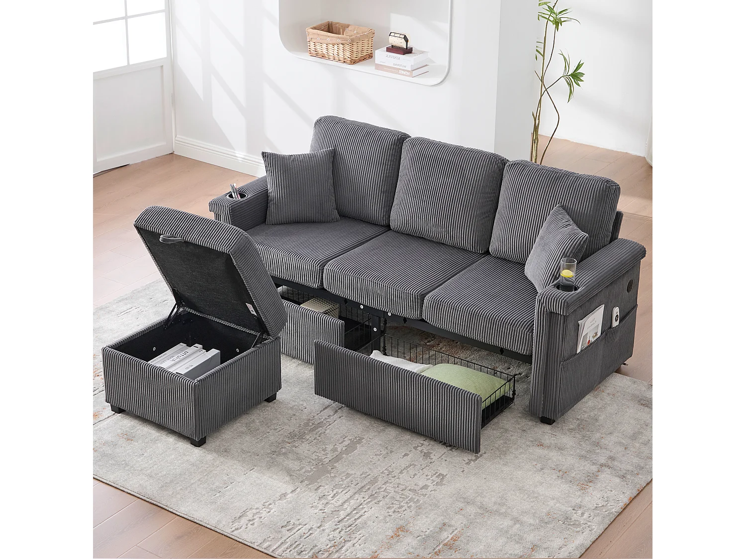 Canapé 4 places - 194 x 73 x 81 cm - avec Leds + USB + repose-pieds avec rangement + 2 tiroirs - Velours - gris