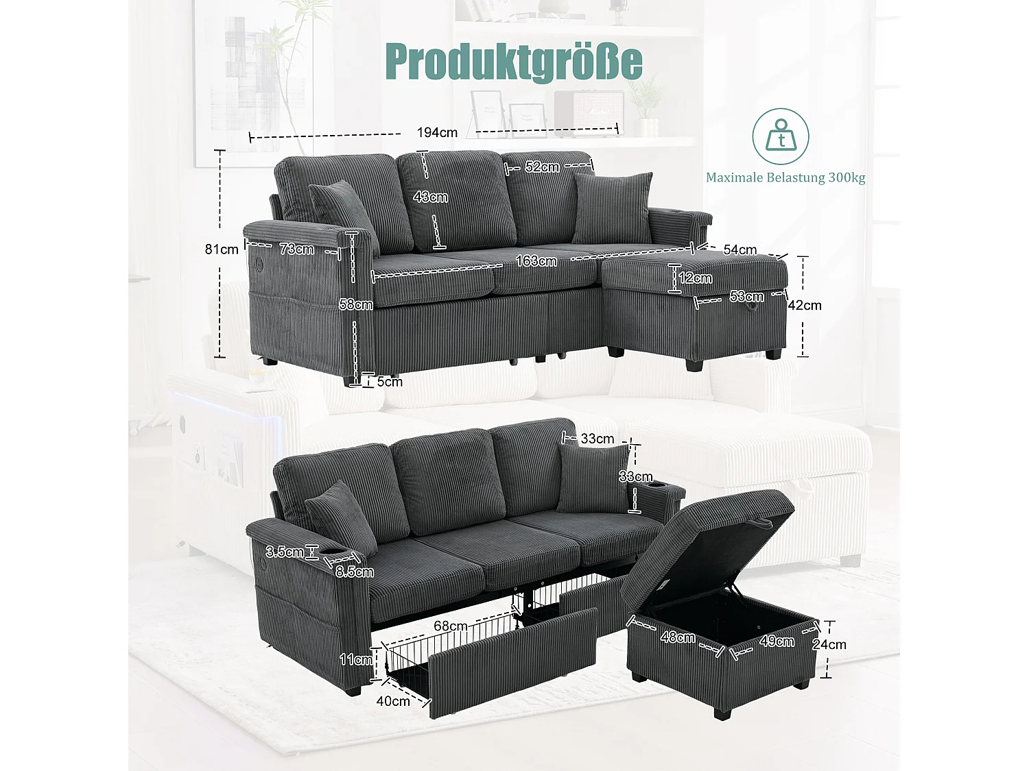 Canapé 4 places - 194 x 73 x 81 cm - avec Leds + USB + repose-pieds avec rangement + 2 tiroirs - Velours - gris