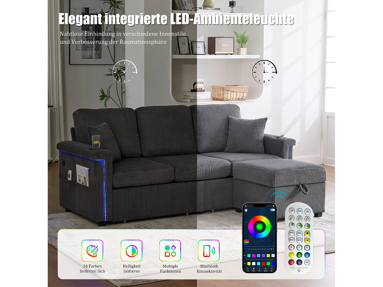 Canapé 4 places - 194 x 73 x 81 cm - avec Leds + USB + repose-pieds avec rangement + 2 tiroirs - Velours - gris