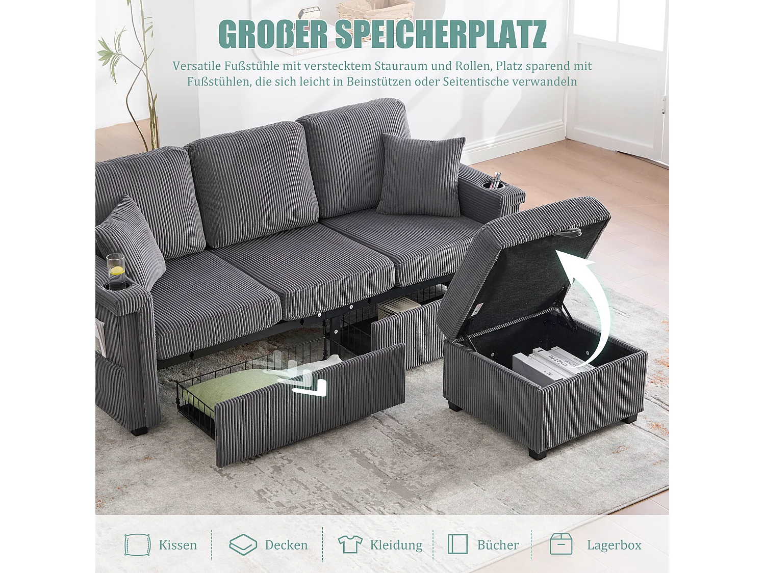 Canapé 4 places - 194 x 73 x 81 cm - avec Leds + USB + repose-pieds avec rangement + 2 tiroirs - Velours - gris