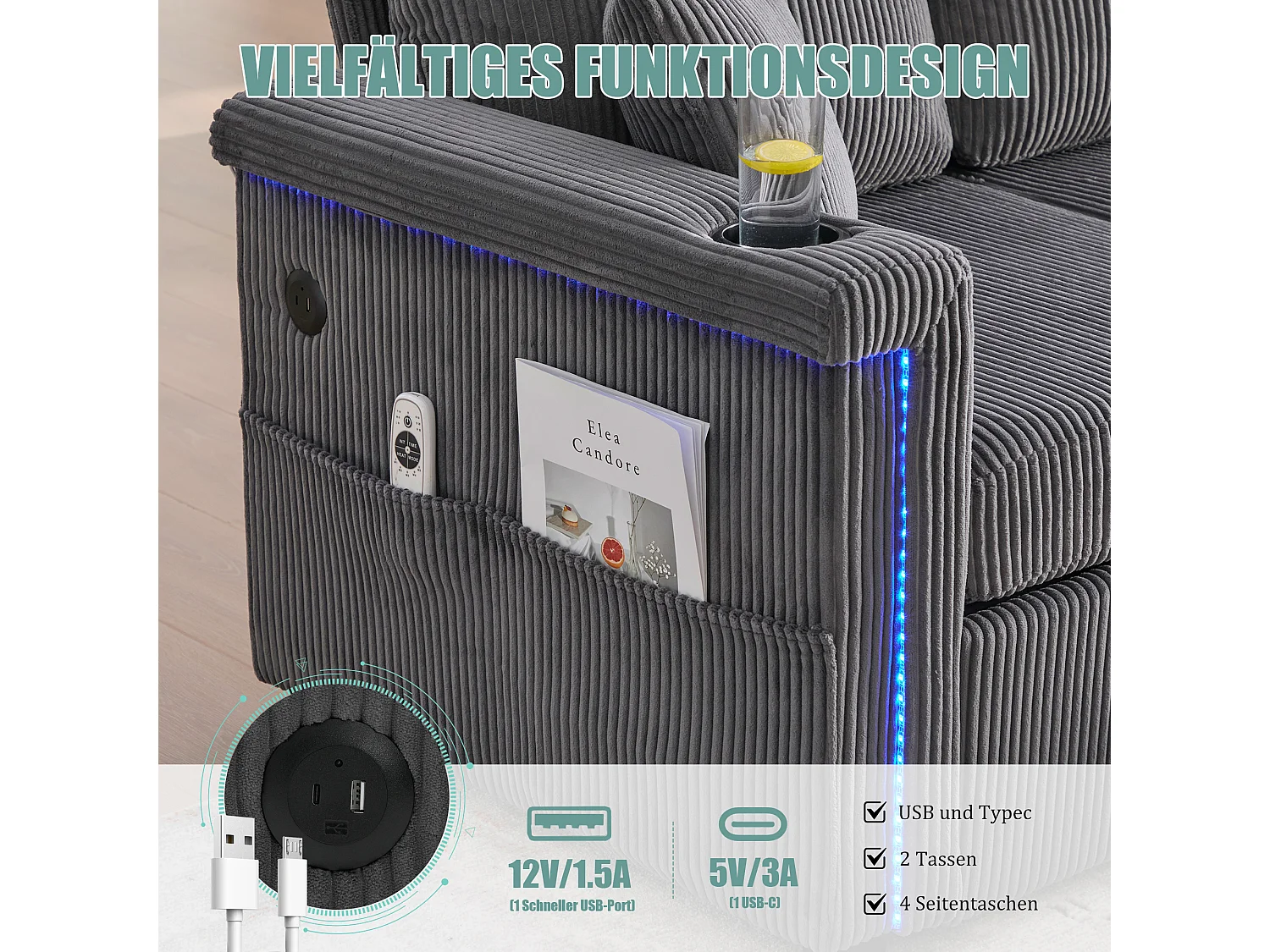 Canapé 4 places - 194 x 73 x 81 cm - avec Leds + USB + repose-pieds avec rangement + 2 tiroirs - Velours - gris