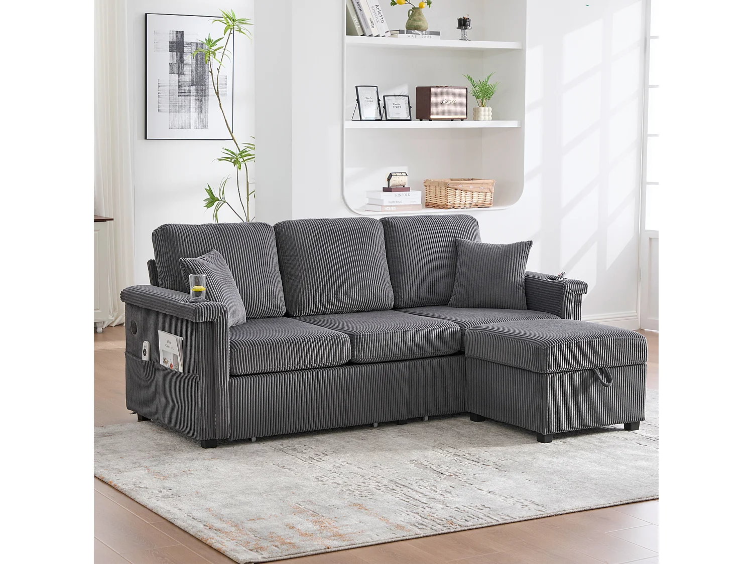 Canapé 4 places - 194 x 73 x 81 cm - avec Leds + USB + repose-pieds avec rangement + 2 tiroirs - Velours - gris