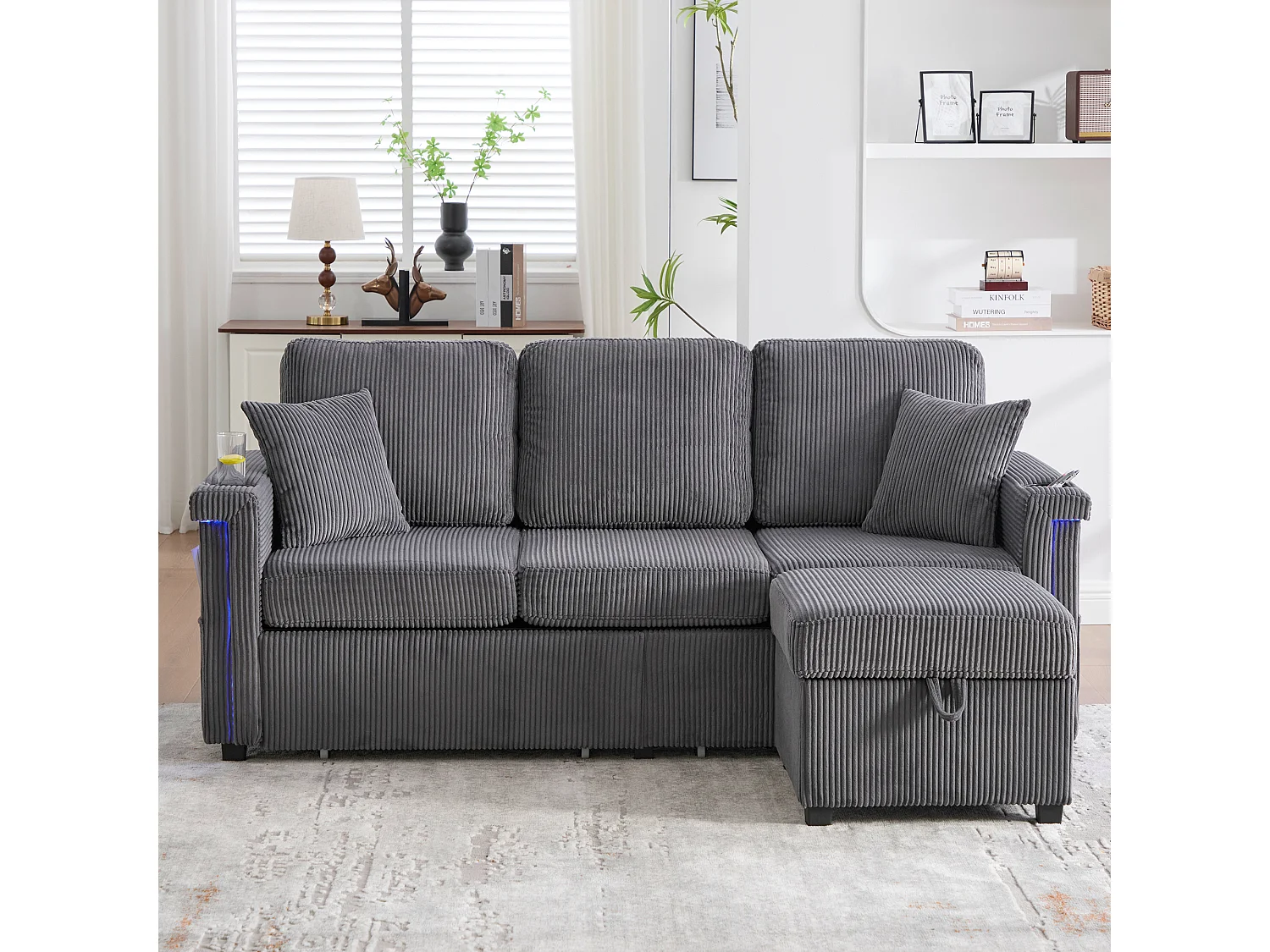 Canapé 4 places - 194 x 73 x 81 cm - avec Leds + USB + repose-pieds avec rangement + 2 tiroirs - Velours - gris