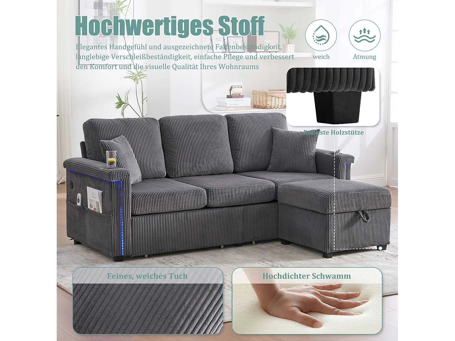 Canapé 4 places - 194 x 73 x 81 cm - avec Leds + USB + repose-pieds avec rangement + 2 tiroirs - Velours - gris