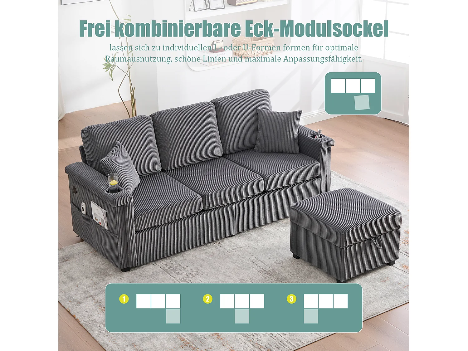 Canapé 4 places - 194 x 73 x 81 cm - avec Leds + USB + repose-pieds avec rangement + 2 tiroirs - Velours - gris