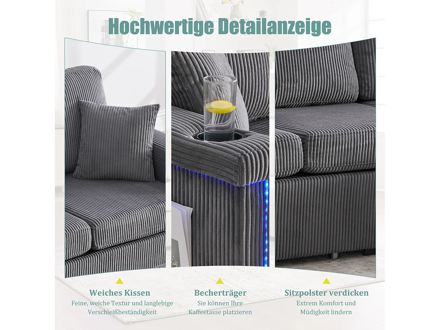 Canapé 4 places - 194 x 73 x 81 cm - avec Leds + USB + repose-pieds avec rangement + 2 tiroirs - Velours - gris