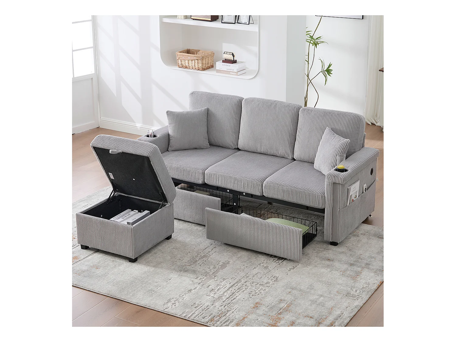 4-Sitzer-Sofa – 194 x 73 x 81 cm – mit LEDs + USB + Fußstütze mit Stauraum + 2 Schubladen – Samt – Hellgrau