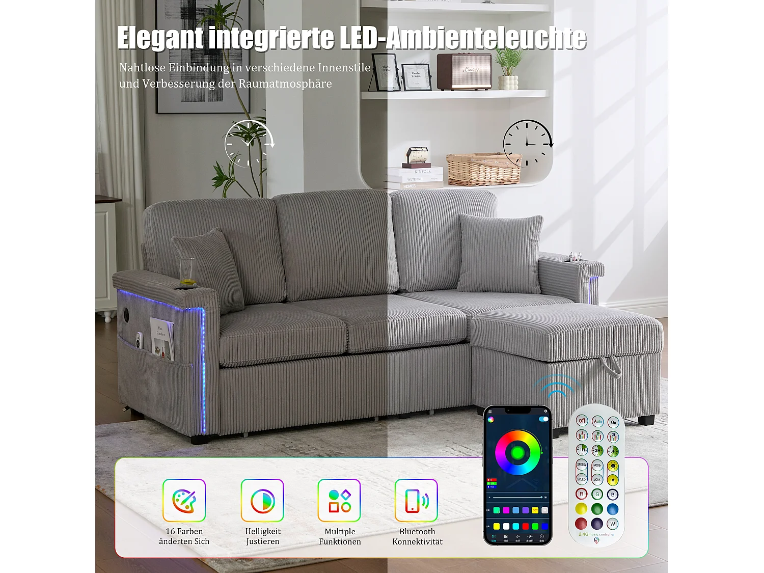 Canapé 4 places - 194 x 73 x 81 cm - avec Leds + USB + repose-pieds avec rangement + 2 tiroirs - Velours - gris clair