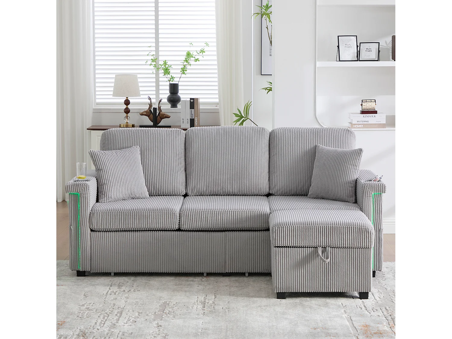 Canapé 4 places - 194 x 73 x 81 cm - avec Leds + USB + repose-pieds avec rangement + 2 tiroirs - Velours - gris clair