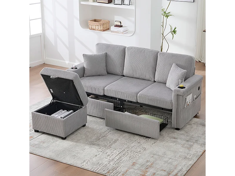 Canapé 4 places - 194 x 73 x 81 cm - avec Leds + USB + repose-pieds avec rangement + 2 tiroirs - Velours - gris clair