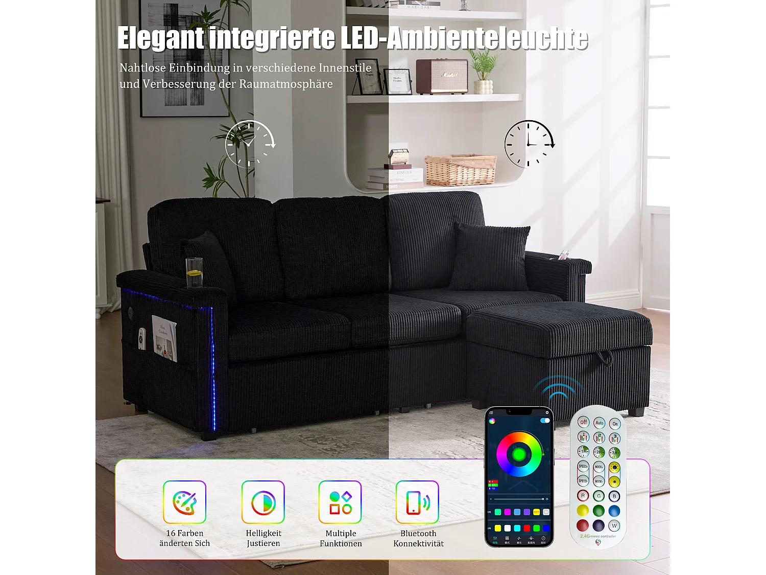 Canapé 4 places - 194 x 73 x 81 cm - avec Leds + USB + repose-pieds avec rangement + 2 tiroirs - Velours - noir