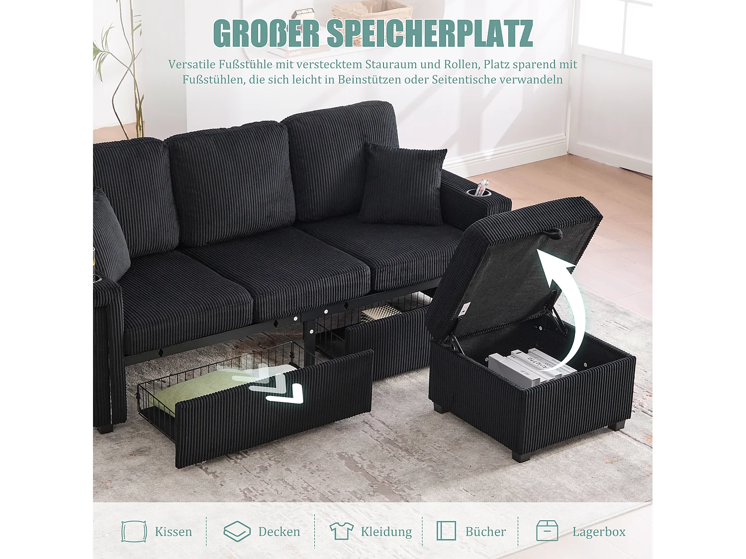 Canapé 4 places - 194 x 73 x 81 cm - avec Leds + USB + repose-pieds avec rangement + 2 tiroirs - Velours - noir