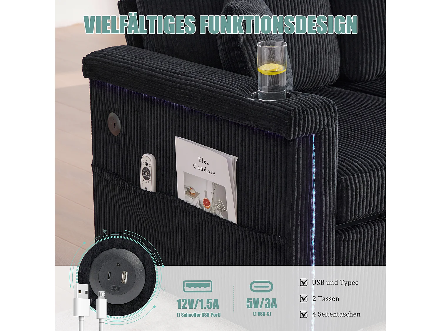 Canapé 4 places - 194 x 73 x 81 cm - avec Leds + USB + repose-pieds avec rangement + 2 tiroirs - Velours - noir