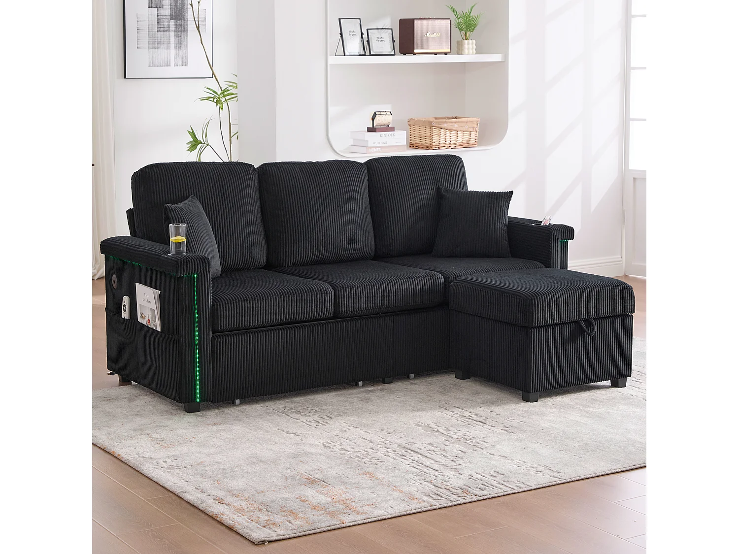 Canapé 4 places - 194 x 73 x 81 cm - avec Leds + USB + repose-pieds avec rangement + 2 tiroirs - Velours - noir