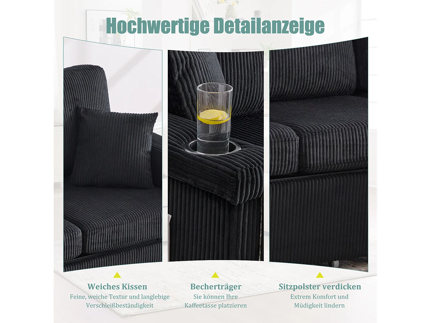 Canapé 4 places - 194 x 73 x 81 cm - avec Leds + USB + repose-pieds avec rangement + 2 tiroirs - Velours - noir