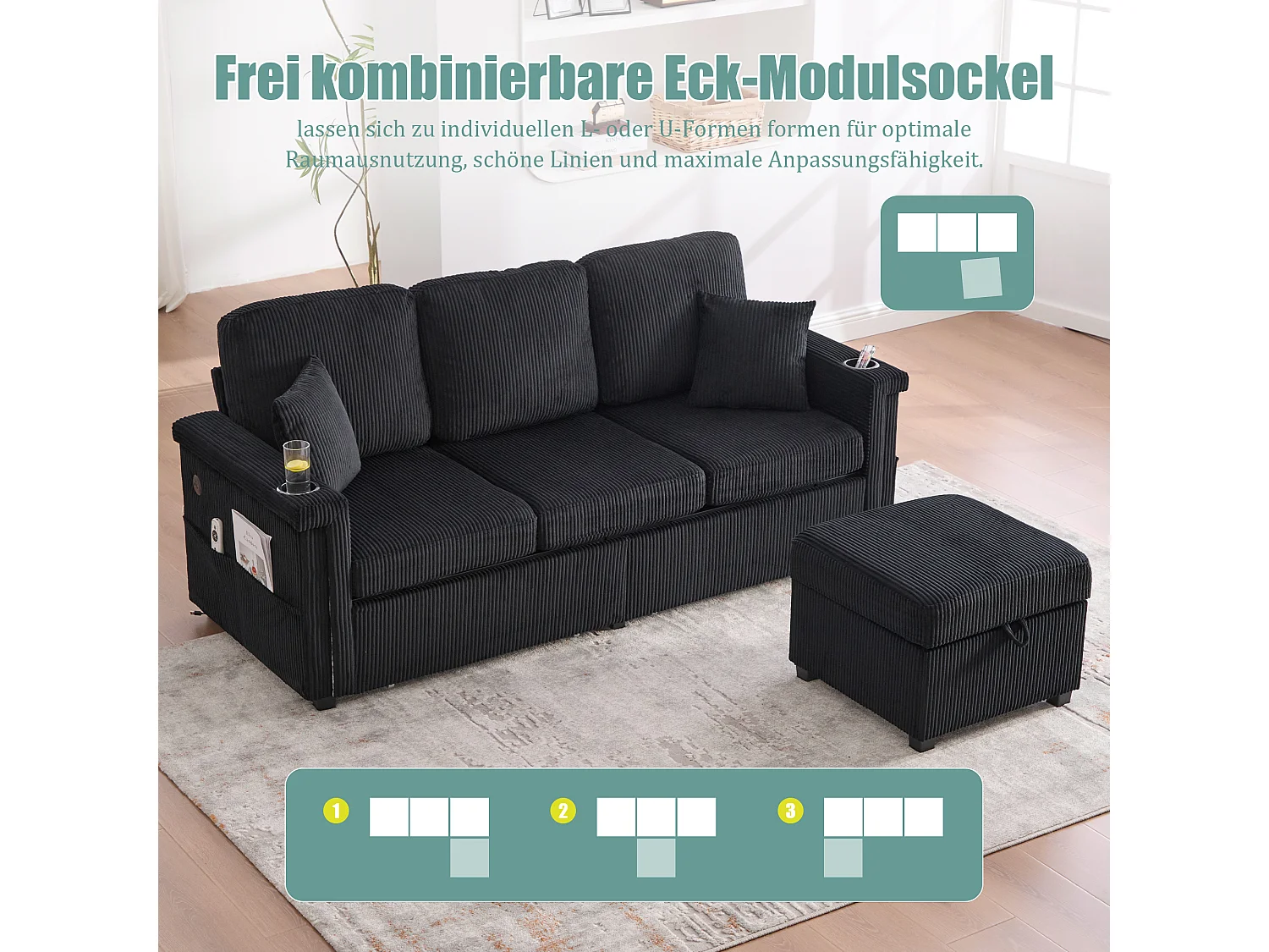 Canapé 4 places - 194 x 73 x 81 cm - avec Leds + USB + repose-pieds avec rangement + 2 tiroirs - Velours - noir