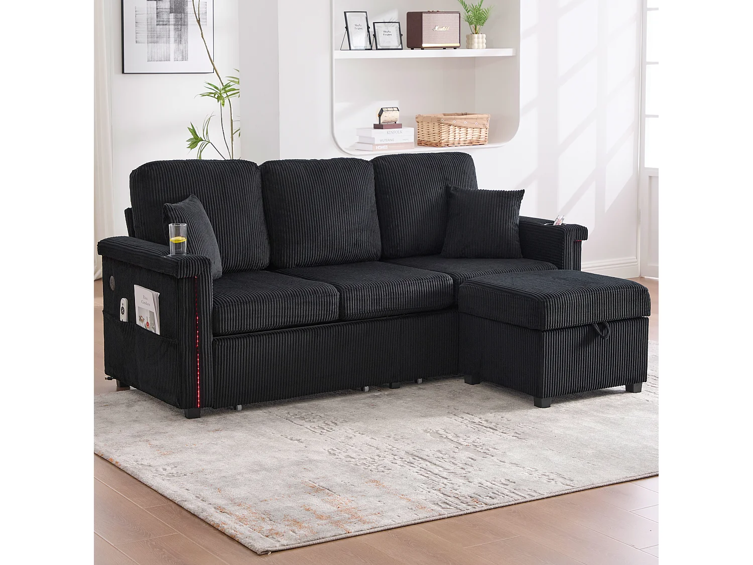 Canapé 4 places - 194 x 73 x 81 cm - avec Leds + USB + repose-pieds avec rangement + 2 tiroirs - Velours - noir