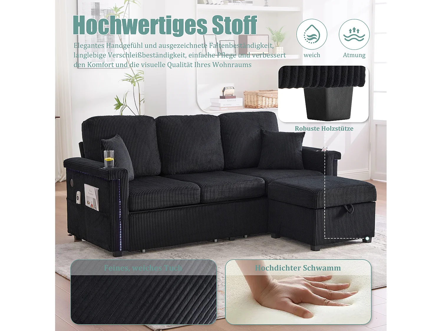 Canapé 4 places - 194 x 73 x 81 cm - avec Leds + USB + repose-pieds avec rangement + 2 tiroirs - Velours - noir