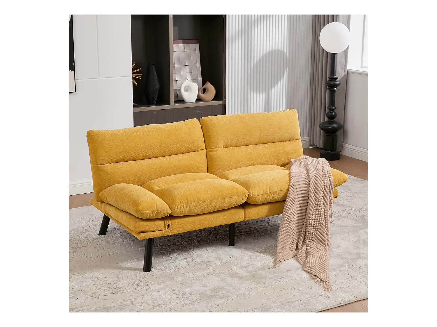 Canapé convertible 2 places - 165 x 90 x 76 cm - avec dossier et accoudoirs réglables - Microfibre - jaune