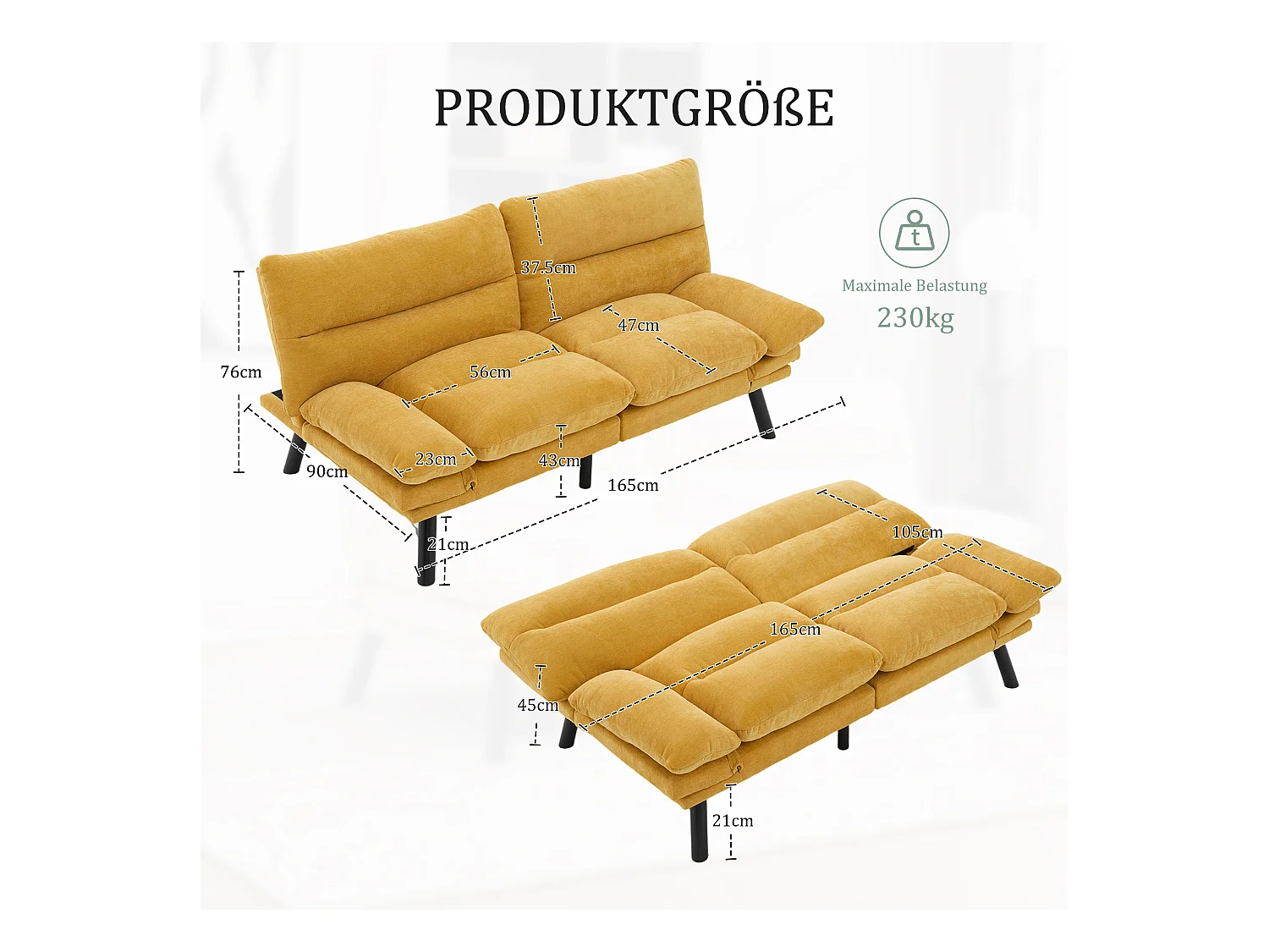 Canapé convertible 2 places - 165 x 90 x 76 cm - avec dossier et accoudoirs réglables - Microfibre - jaune