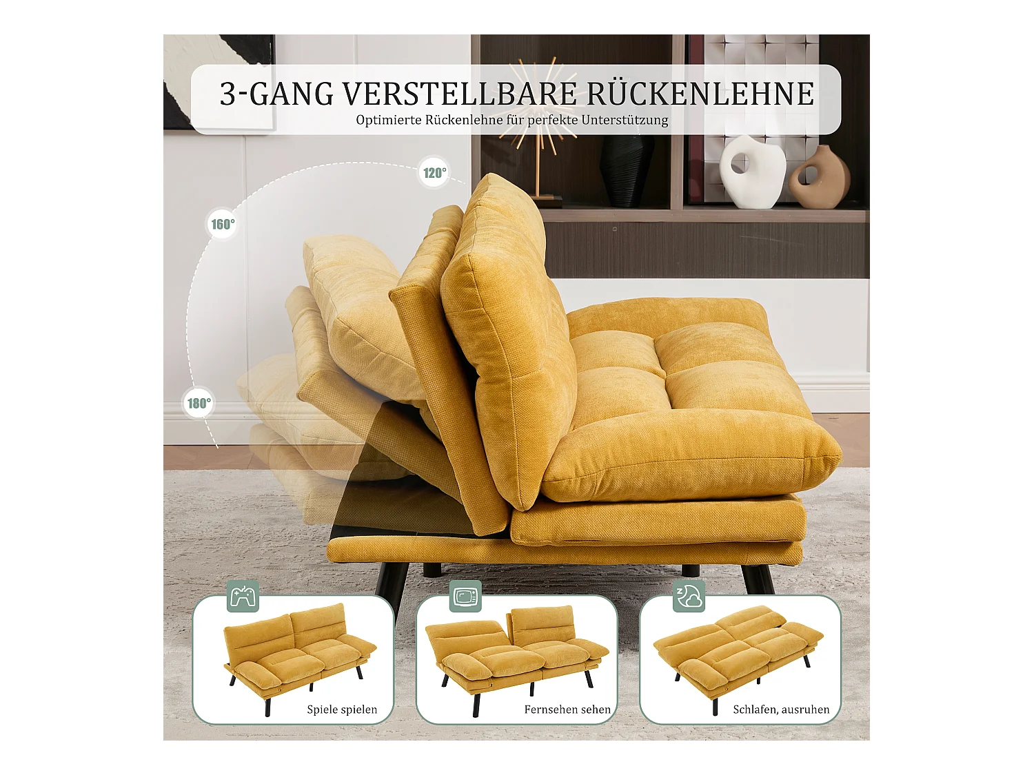 Canapé convertible 2 places - 165 x 90 x 76 cm - avec dossier et accoudoirs réglables - Microfibre - jaune