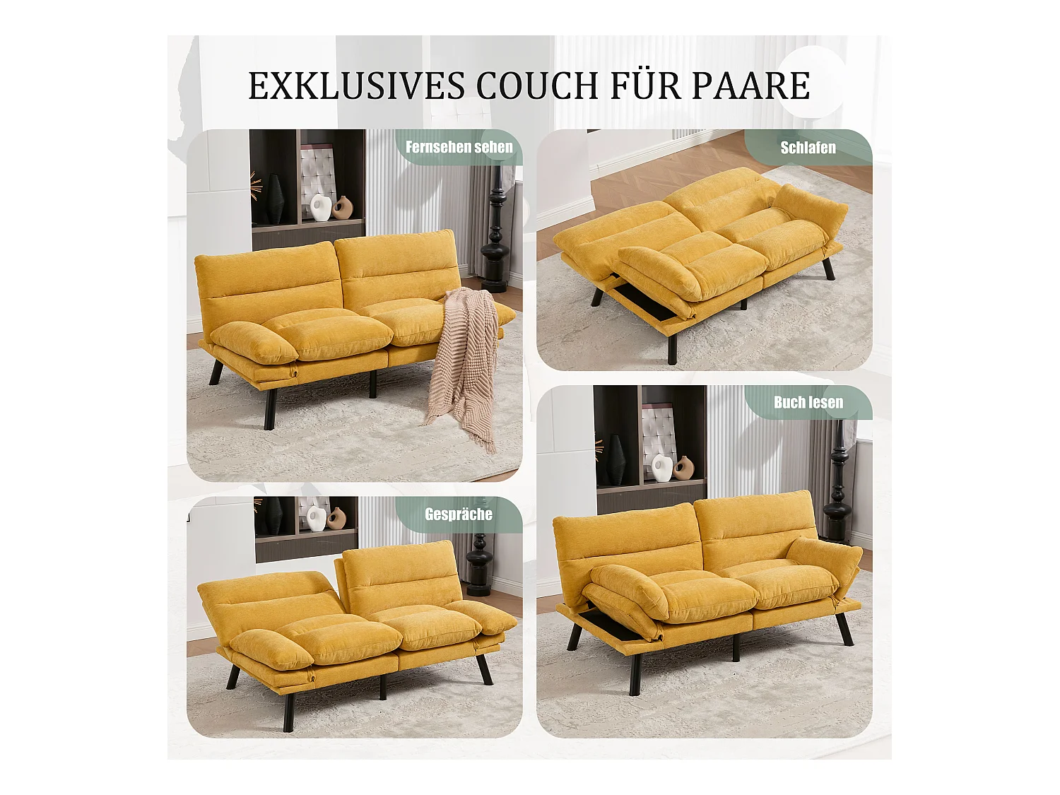 Canapé convertible 2 places - 165 x 90 x 76 cm - avec dossier et accoudoirs réglables - Microfibre - jaune